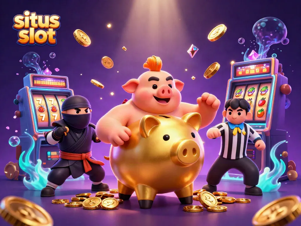 Engage with situs slot action featuring a colossal piggy bank sumo wrestler amid cascading coins and dazzling gems.