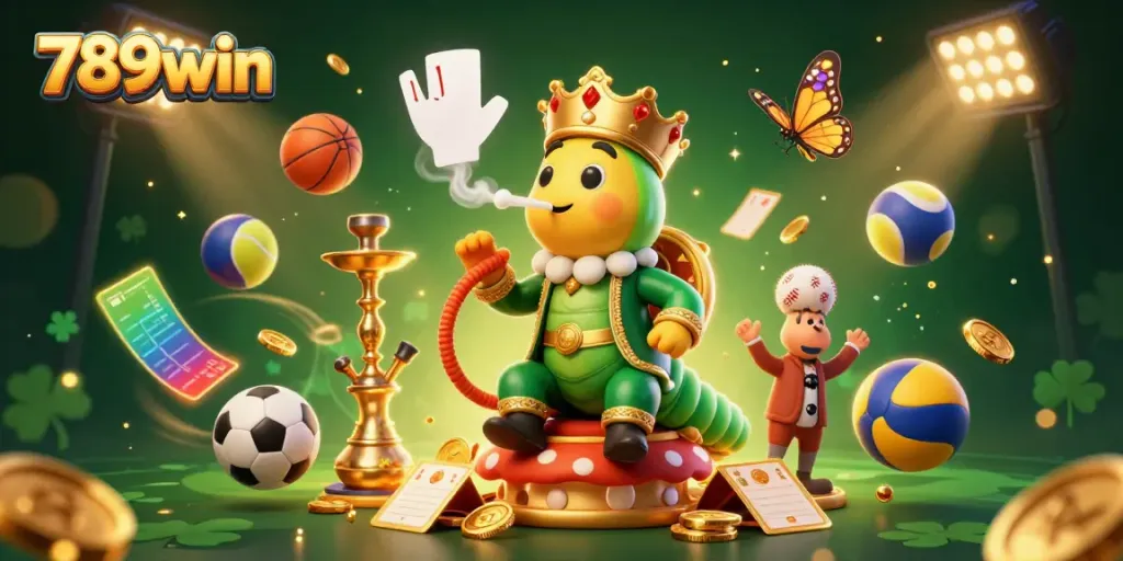 Engage with vibrant 789win gaming scene featuring an enormous caterpillar and diverse sports elements.