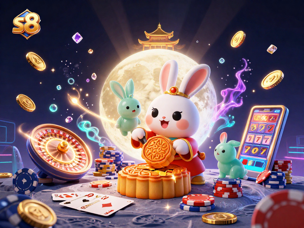 S8 players enjoy a lively scene of a moon rabbit revealing poker chips amidst cascading coins and dazzling gems.