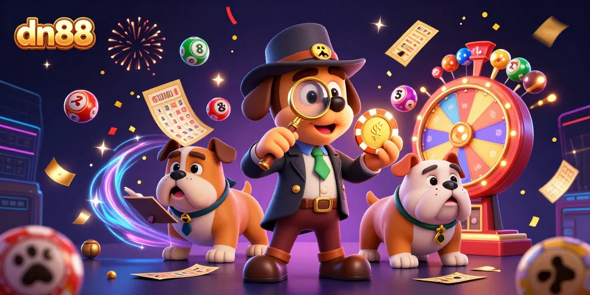 Join the fun at dn88, where players examine poker chips and chase after treasure amid colorful gaming elements.