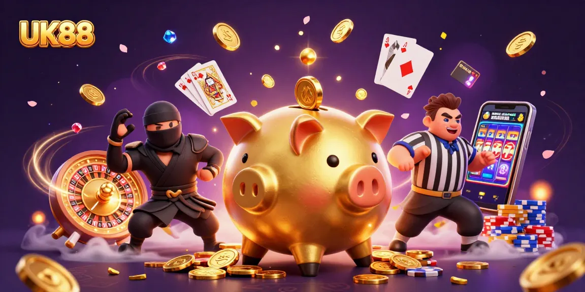 Experience thrilling moments with UK88 as the golden piggy bank wrestler stomps coins in a vibrant casino scene.