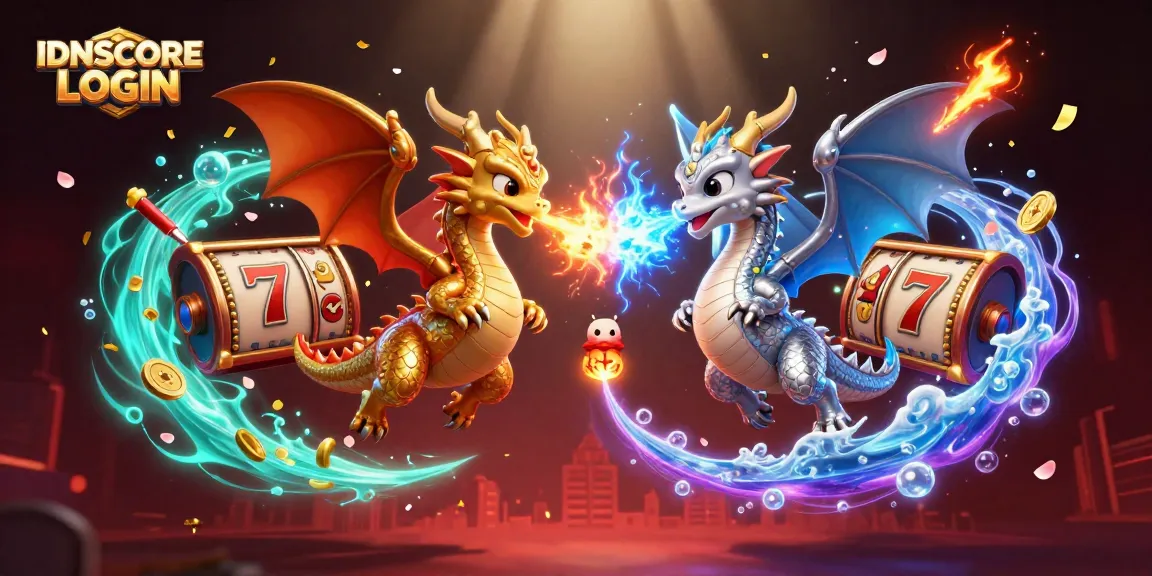 IDNSCORE LOGIN unique casino experience showcasing fierce dragon opponents amidst slot reels and vibrant fireworks