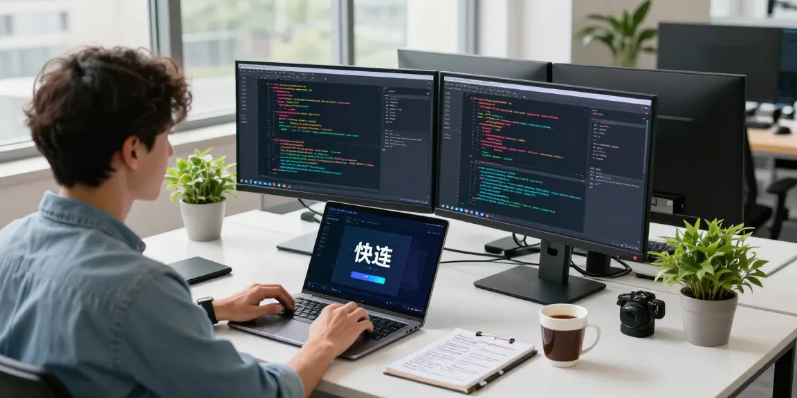 快连 network optimization workspace with developer coding on dual monitors in a bright office.