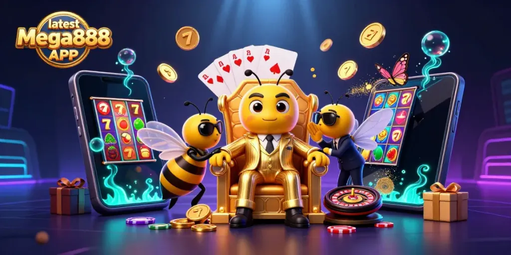Exciting scene featuring latest Mega888 APK with bumblebee mob boss, game elements, and a butterfly informant.