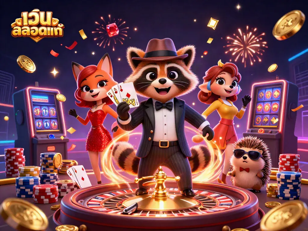Play vibrant games at เว็บสล็อตแท้ with a raccoon in a suit and fox lady enjoying the casino atmosphere.