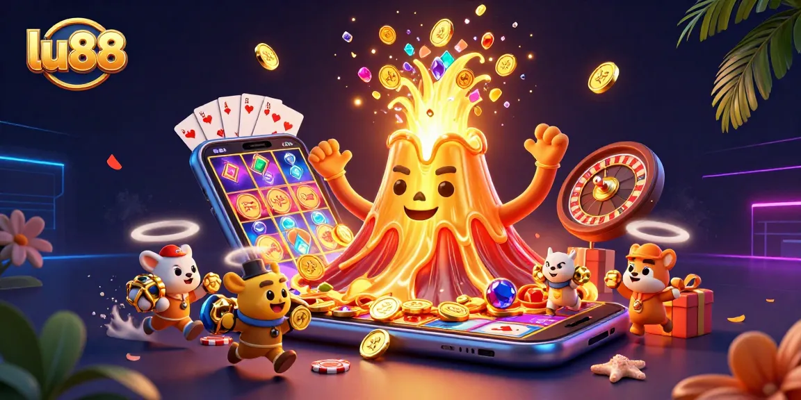 Experience excitement with lu88 as golden coins erupt from a volcano amid treasure hunters.