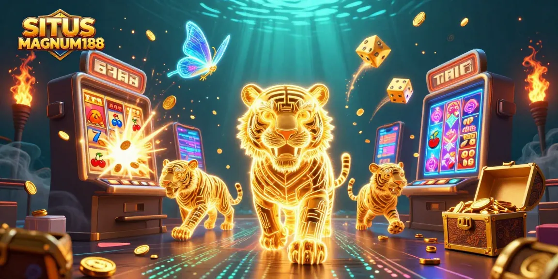 SITUS MAGNUM188 showcases interactive slots with a neon tiger in a vibrant digital casino landscape.