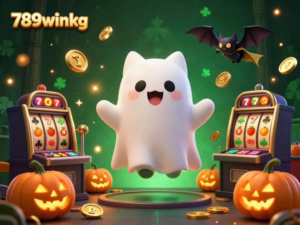 Join the fun at 789winkg with a playful ghost cat in a haunted casino, surrounded by vibrant jackpot elements.