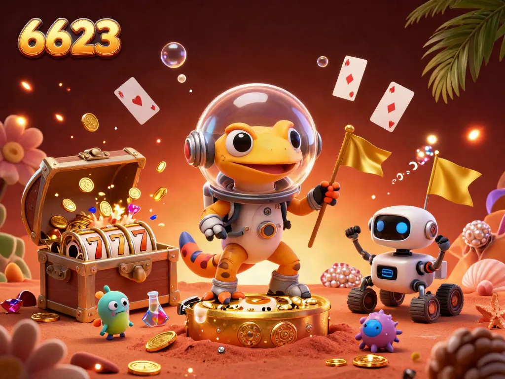 The Martian gecko uncovers the golden casino treasure at 6623, surrounded by vibrant casino elements and excitement.
