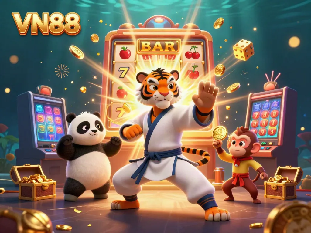 Engage with thrilling VN88 casino fun featuring animated characters amidst jackpots and vibrant gaming action.