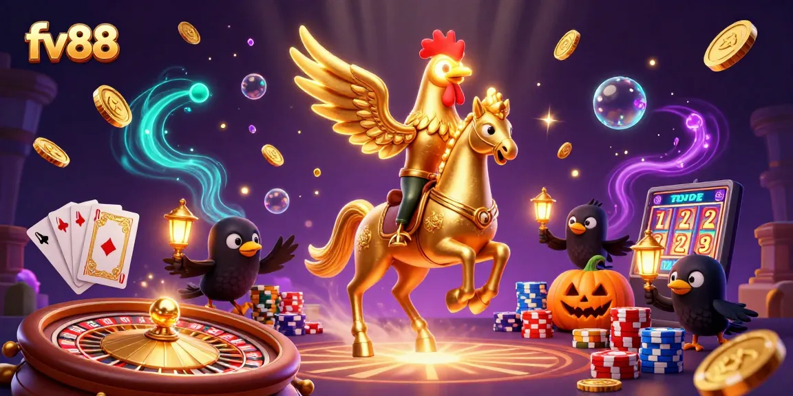 Experience the excitement of fv88 with a golden rooster in a vibrant casino scene.