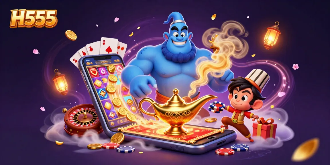 Experience the thrill of H555 with a vibrant illustration of a genie, monkey, and magic carpet showcasing casino games.