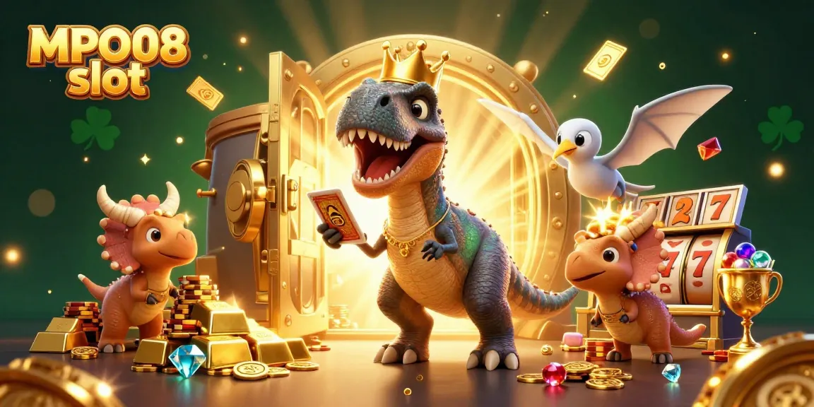 Experience the thrill of MPO08 slot with 3D characters engaging in an exciting casino scene.