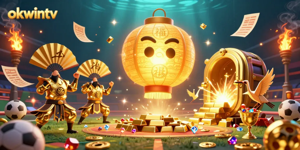 okwintv showcases a dynamic sports betting scene filled with glowing lantern spirits and golden treasures.