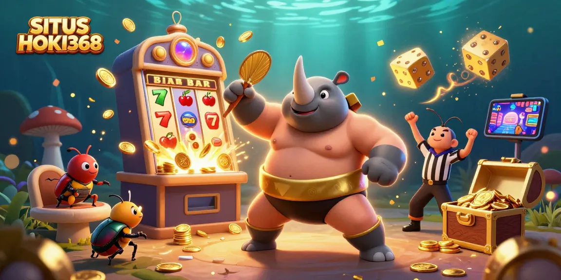 Experience thrilling gameplay with SITUS HOKI368 as the sumo champion beetle and vibrant casino elements collide.