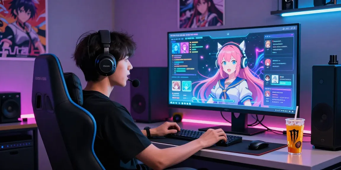 Immersive ai ecchi chat environment featuring user engaging with anime characters through holographic interface.