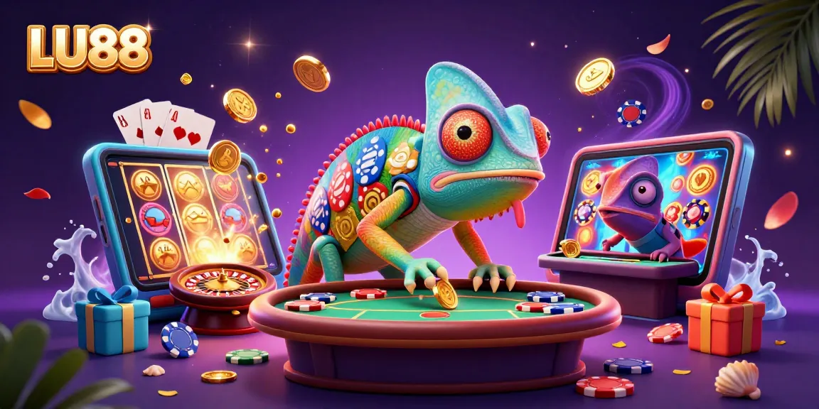 LU88 attracts players with a chameleon owner snatching golden coins, vibrant 3D casino scene.