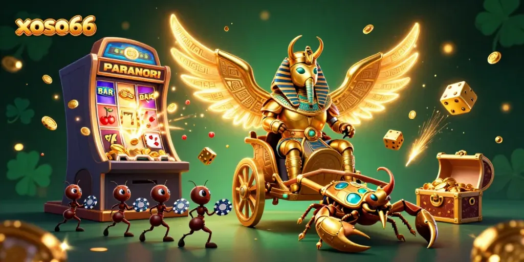 Experience exciting slots and jackpots at xoso66 with a vibrant 3D illustration of thrilling games and dynamic characters.