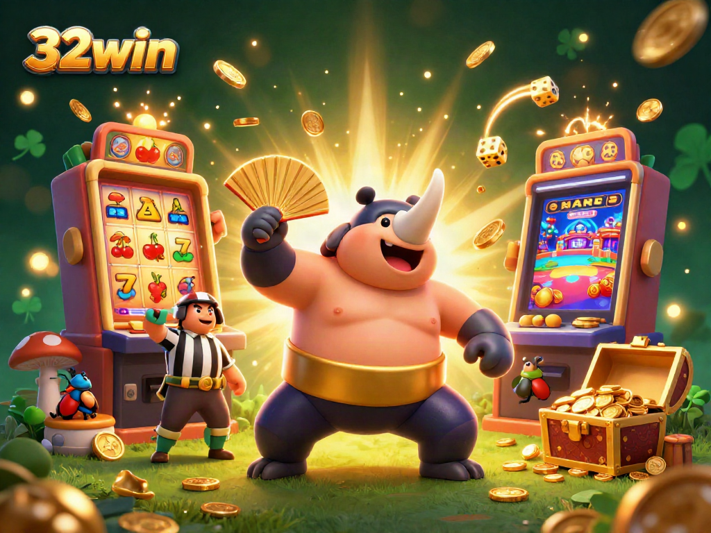 Experience a thrilling jackpot with 32win, featuring a dynamic sumo beetle champion amidst a casino celebration.