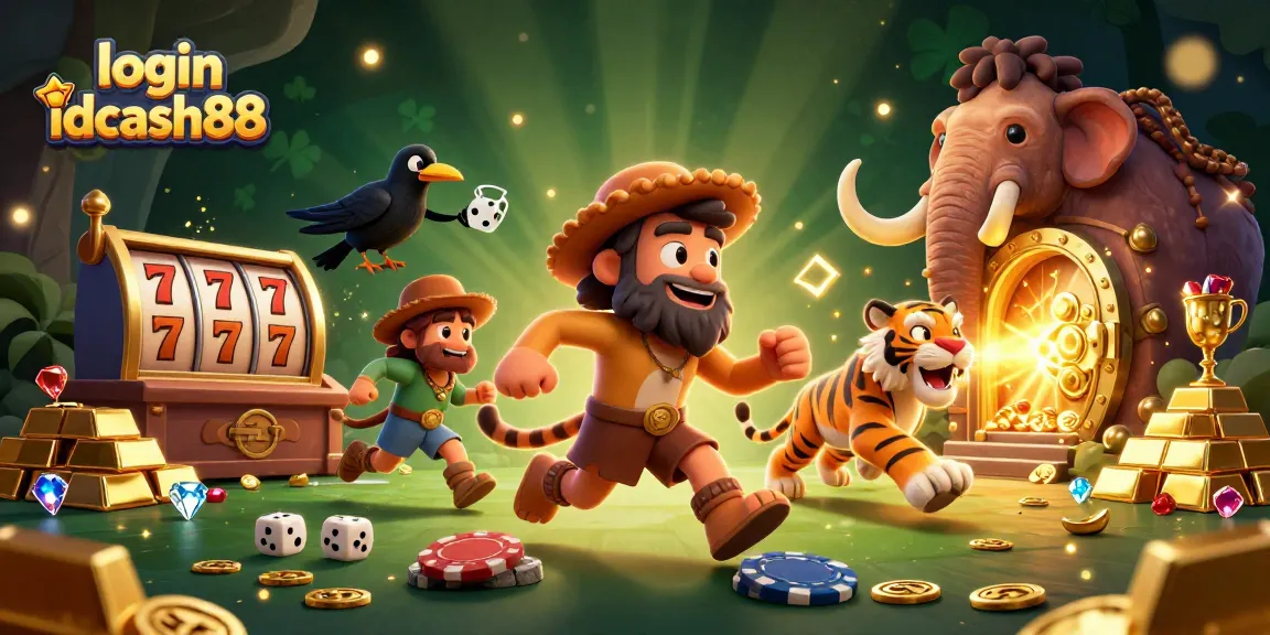 Join the excitement with login idcash88 at an adventurous prehistoric casino, featuring cavemen and a tiger.