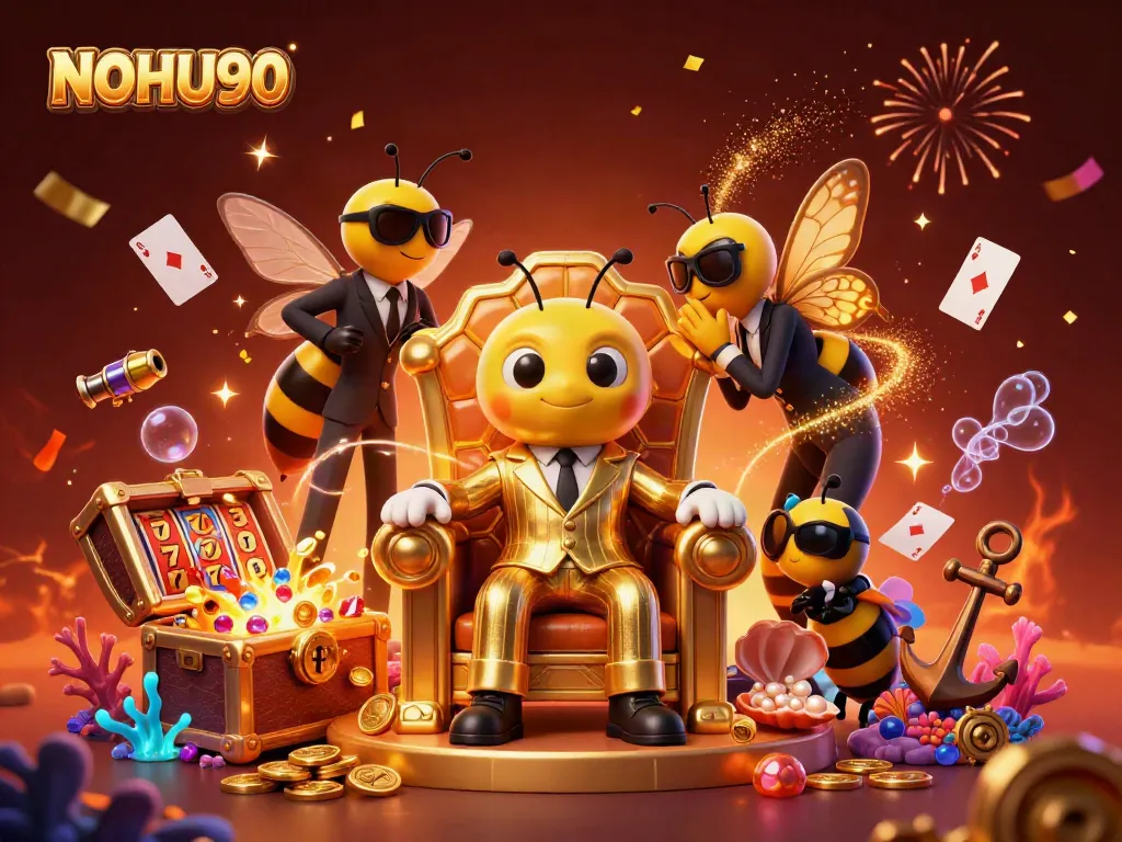 Experience the excitement of NOHU90 with a dynamic 3D illustration showcasing casino elements and animated characters.