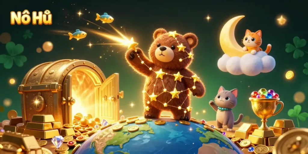 Engage in Nổ Hũ with a whimsical, ultra-detailed illustration featuring a constellation bear, golden treasures, and vibrant casino elements.