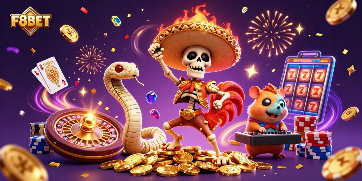 Engage with the exciting world of F8BET, featuring a vibrant casino celebration scene with dynamic characters and game elements.