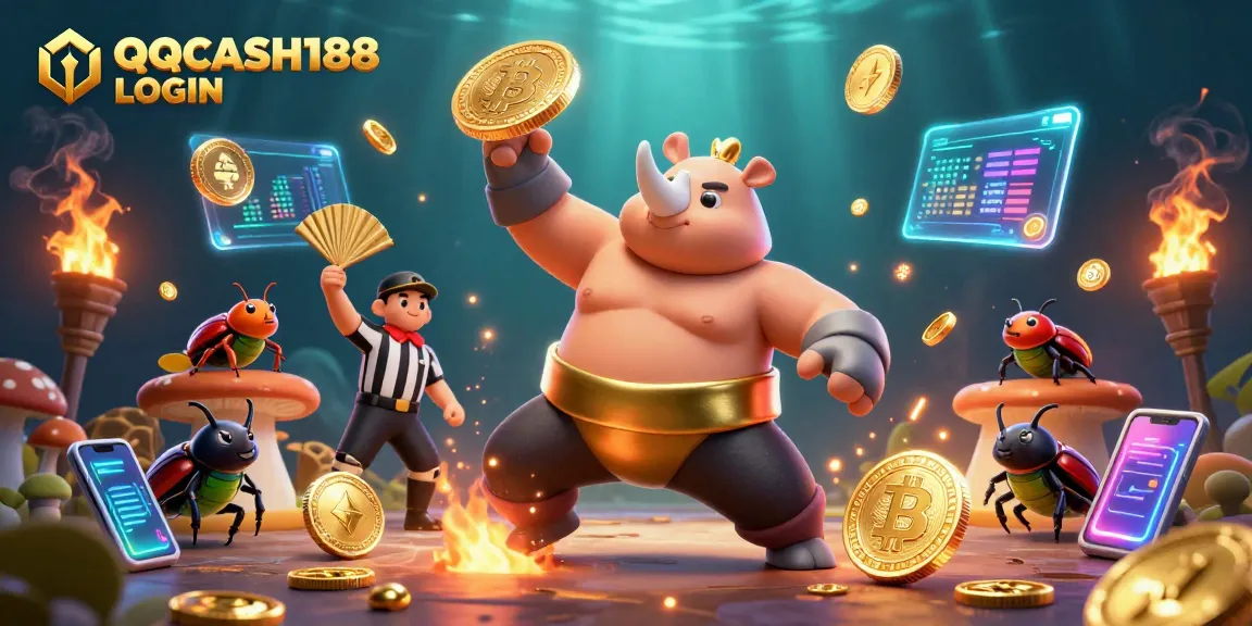 Engage with QQCASH188 LOGIN showcasing a dynamic scene of a sumo champion beetle amidst flying coins and crypto elements.