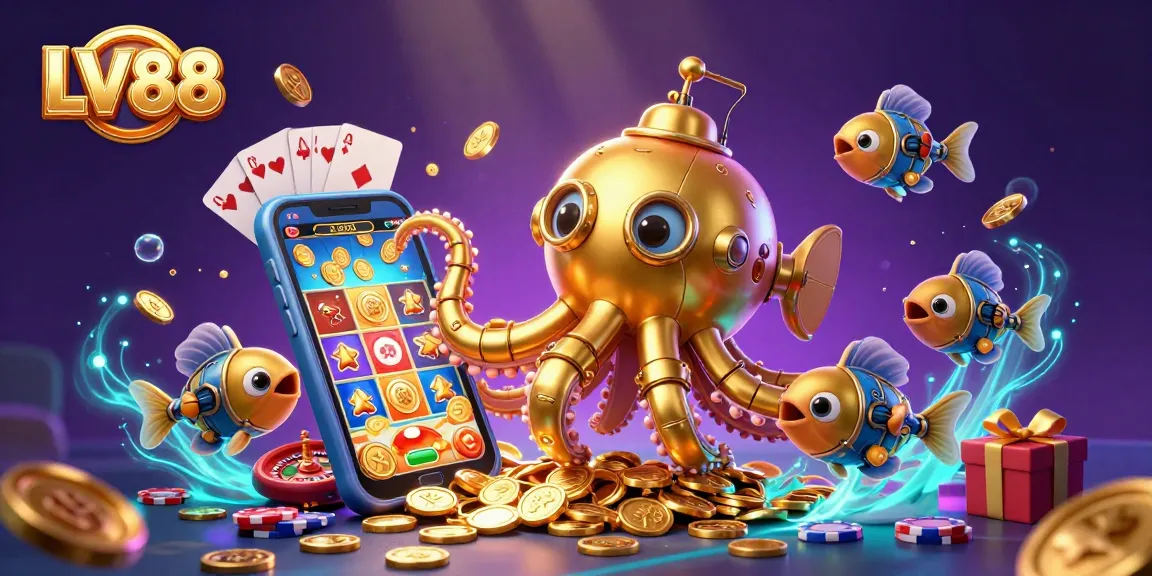 Engage with the thrill of LV88 featuring a golden kraken submarine amid golden coins and dynamic casino elements.