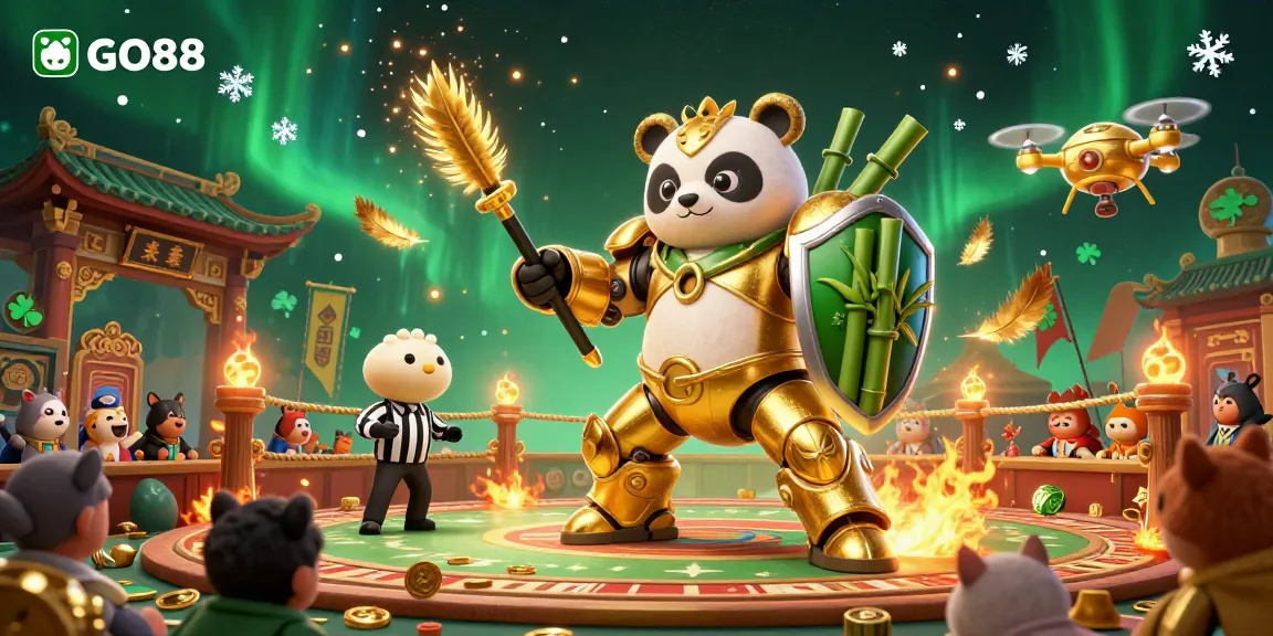 Experience thrilling gaming action at GO88 with a golden panda piloting a fighting robot in a vibrant casino arena.