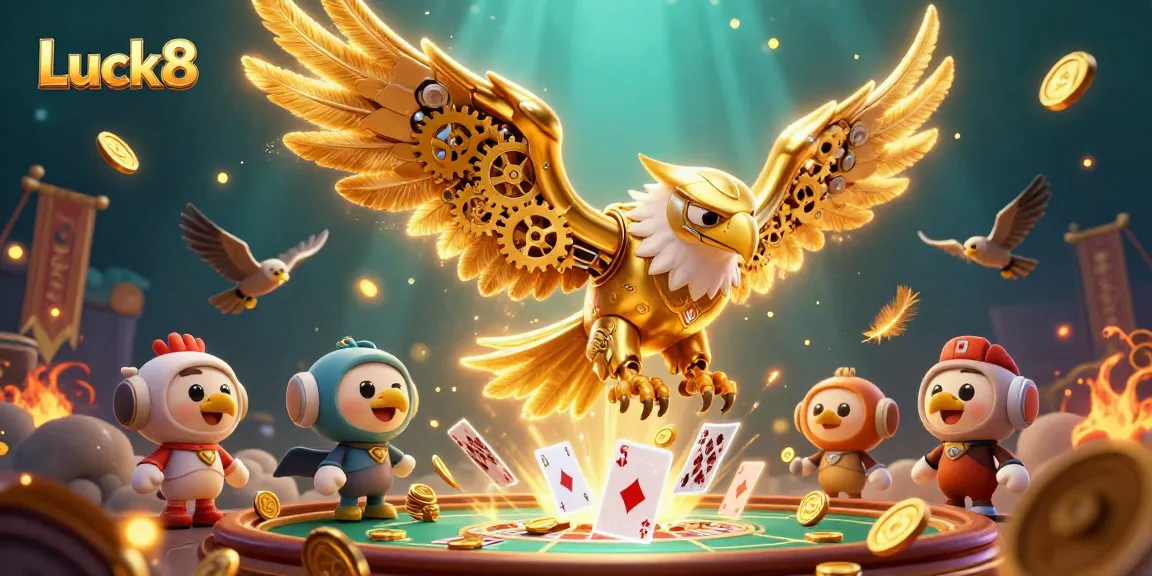 Luck8 offers an exhilarating experience with golden eagle diving through playing cards in a high-energy casino scene.