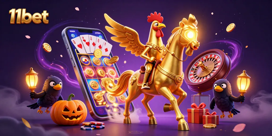 Join the excitement with 11bet as a golden rooster rides through a magical casino scene.
