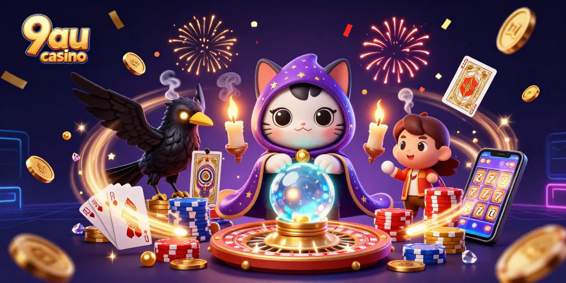 Experience the excitement at 9au casino with a vibrant 3D casino scene featuring whimsical characters.