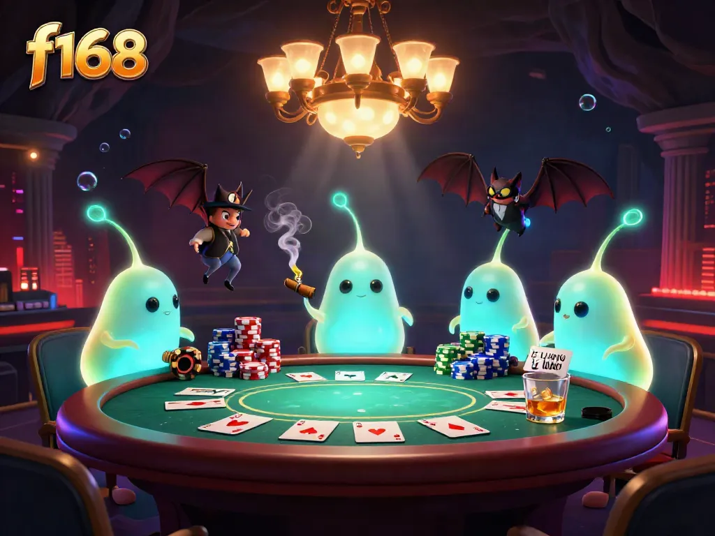 Experience the excitement at f168's cave casino with glowing glowworms, a bat dealer, and vibrant poker elements.