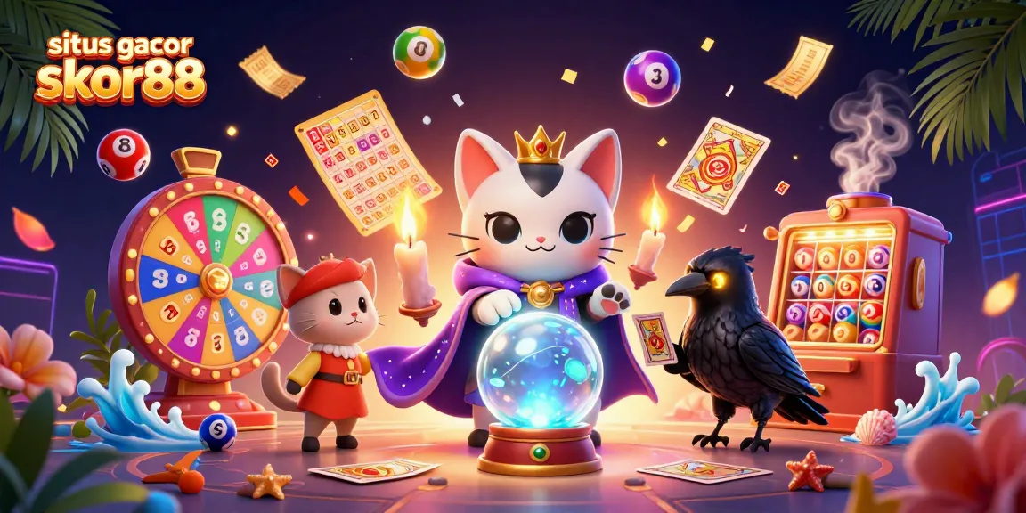 situs gacor skor88 showcases a vibrant illustration of fantasy characters amidst colorful gambling elements.