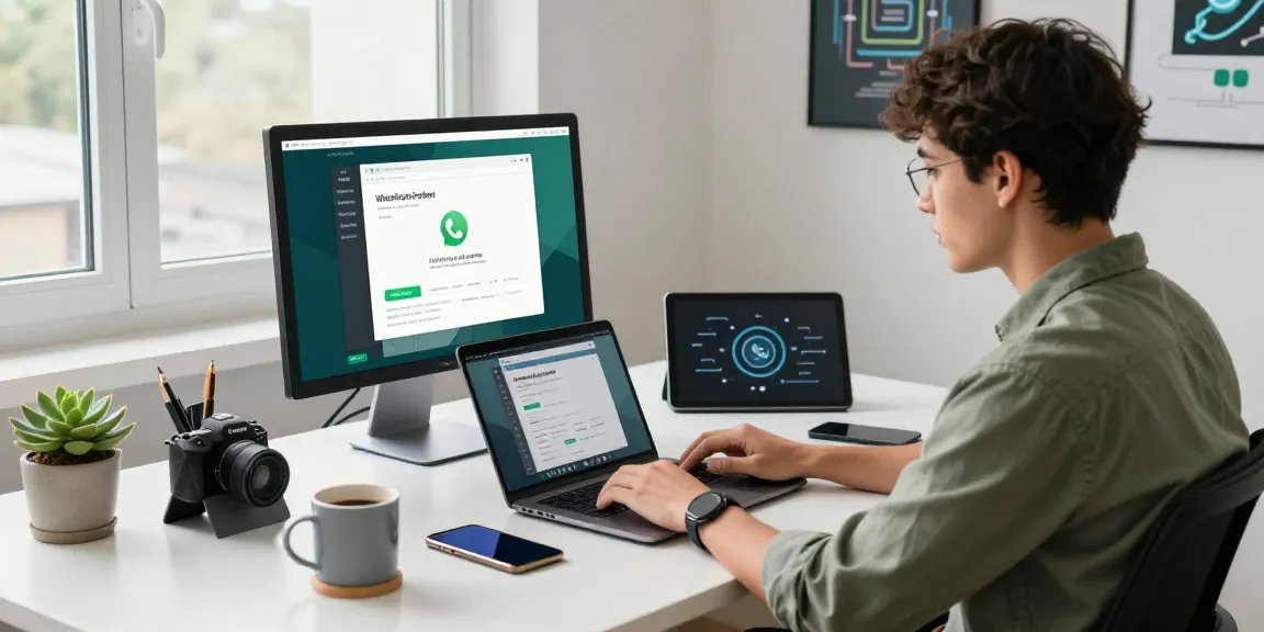 Professional using WhatsApp網頁版 on laptop in a modern office setting with tech gadgets.