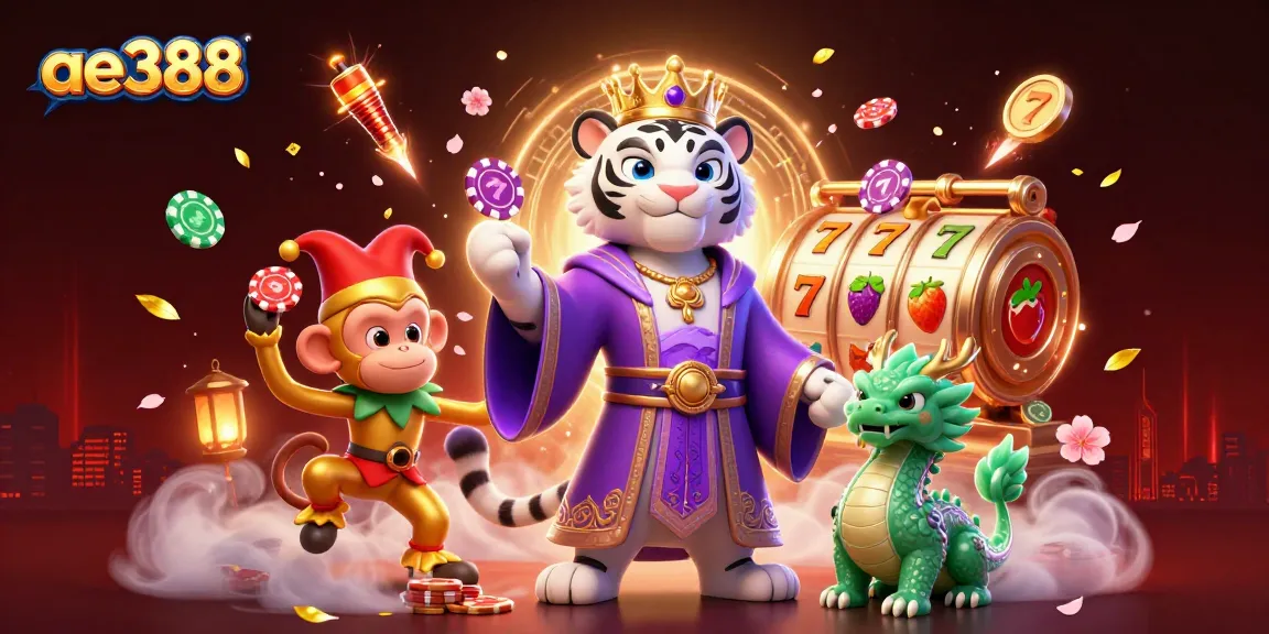 Win big at ae388 with a vibrant 3D casino scene showcasing lively characters and slot elements.
