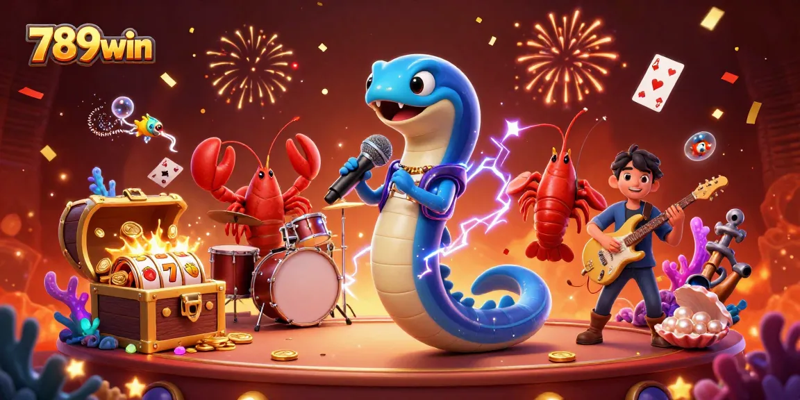 Experience the energetic performance at 789win's underwater casino with electric eel DJ and vibrant treasures.