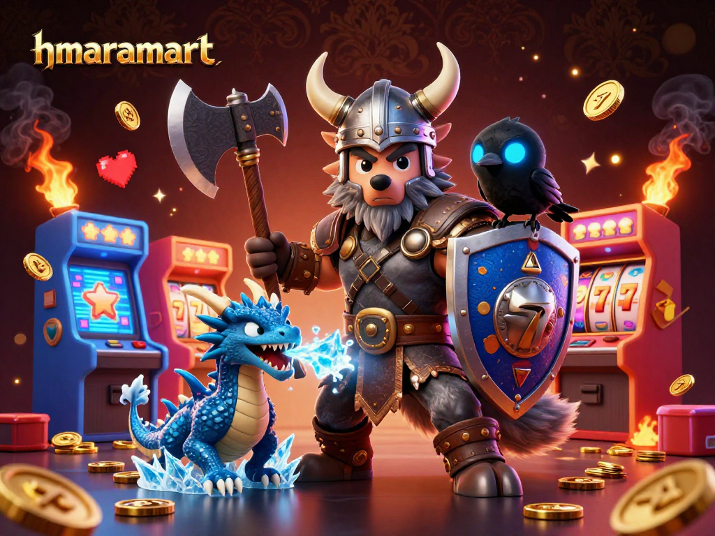 Experience thrilling casino action with hmaramart's engaging Viking-themed illustration featuring a brave wolf warrior and enchanting dragon.