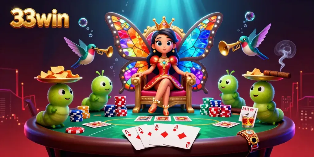 Engage in the vibrant world of 33win with a butterfly queen and poker elements in a dazzling casino setting.