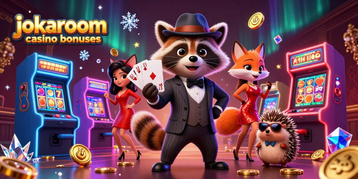 Experience exciting jokaroom casino bonuses with a suave raccoon, charming fox, and bouncer in a vibrant casino scene.