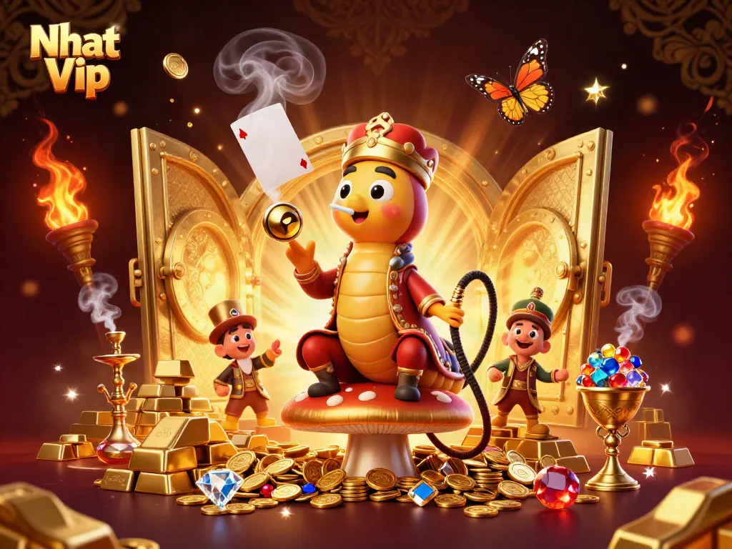 Nhat Vip showcases a vibrant illustration of a caterpillar hookah-master in a luxurious casino setting.