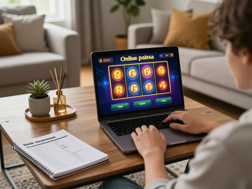 Person enjoying slot pulsa gaming on a laptop in a cozy living room, promoting responsible gaming