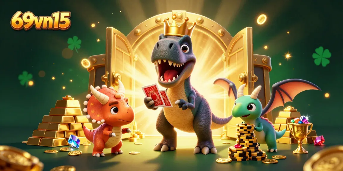 Join the action at 69vn15 as playful dinosaurs shuffle cards and stack chips in an exciting casino scene.