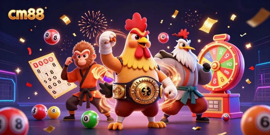 Engage in thrilling gaming action with cm88, featuring Muay Thai rooster, Shaolin monkey, and a wise crane in a vibrant casino scene.