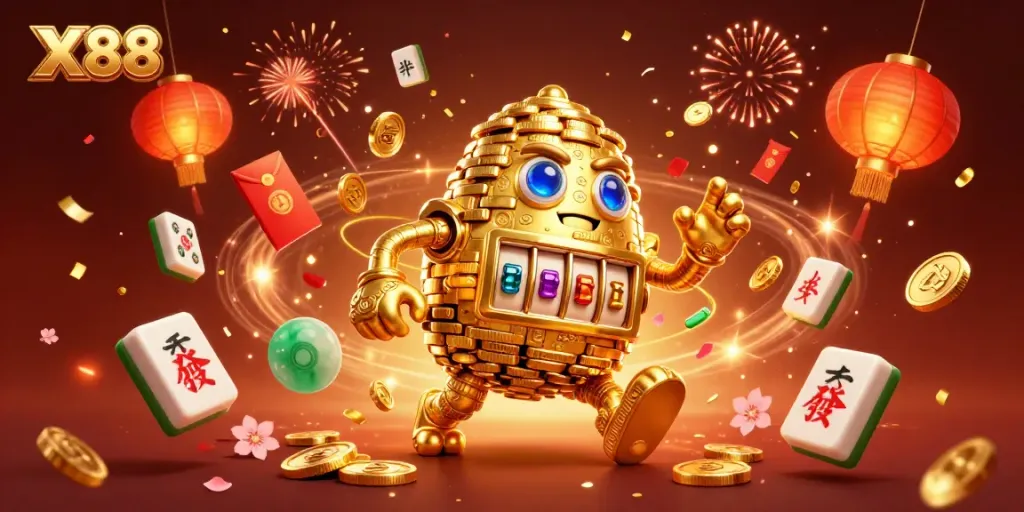 X88 invites players to experience thrilling casino joy with vibrant 3D illustration, showcasing golden gaming elements.