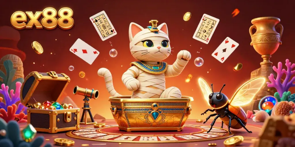 Experience ex88 in this vibrant pyramid casino scene with a mummy cat, glowing scarab, and flying playing cards.