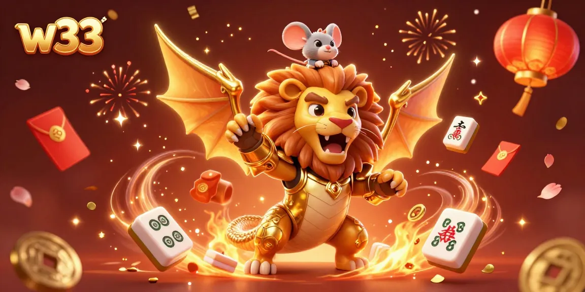 Join the thrilling gaming experience at w33 with a golden chimera and festive casino elements.