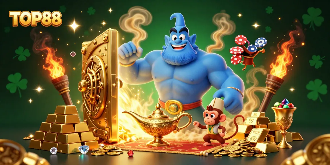 Experience the excitement of TOP88 with a colorful genie, poker chips, and golden treasures in this dynamic casino scene.