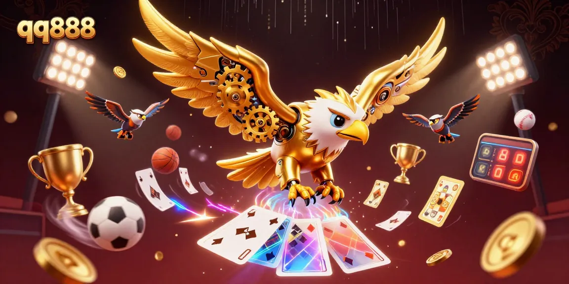 Engage with thrilling moments at qq888, showcasing a cybernetic eagle amidst holographic game elements.